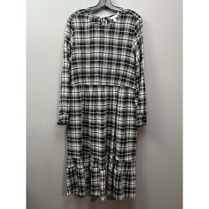 Terra & Sky Tiered Peasant Midi Dress Womens Plus 2X Black White Plaid Pockets